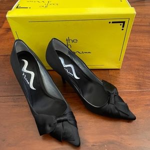 Nina Black Satin Pumps with Lush Oversized Bow Size 7
